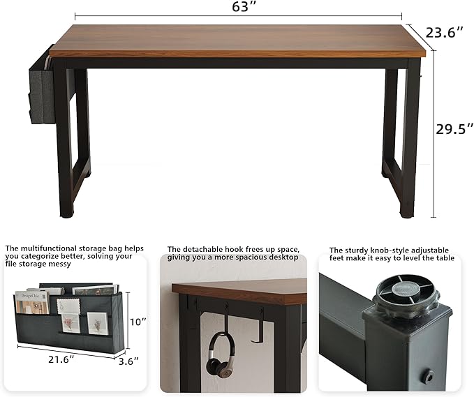 Large Computer Desk - 63 Inch Home Office Desks Study Student Writing Table Gaming Desk Wood Modern Simple Table with Storage Bag & Headphone Hooks, Brown