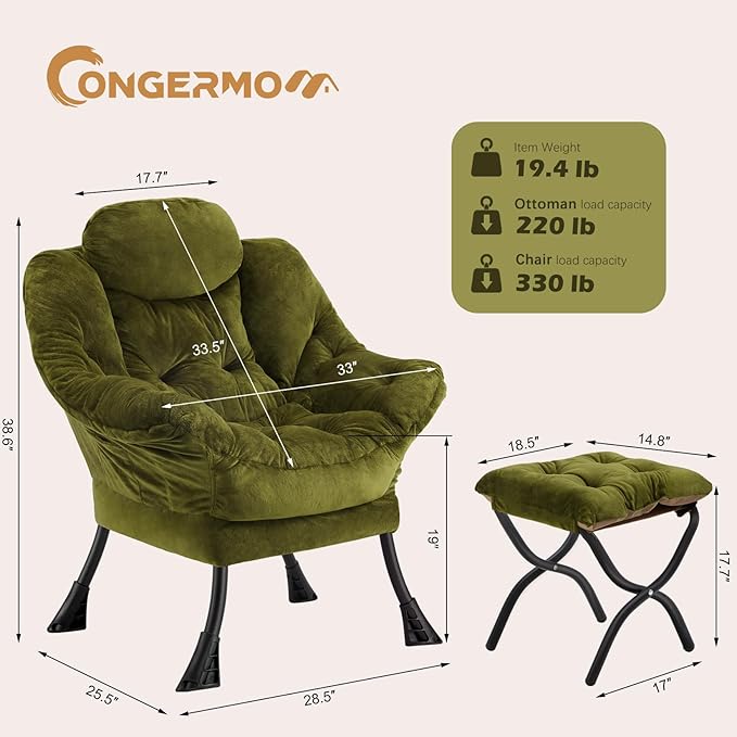 Lazy Chair with Folding Ottoman,Leisure Sofa Chair,Soft Fabric Armchair with Armrests and Side Pockets, Reading Chair with Footrest for Living Room, Bedroom, Office (Plush Green)