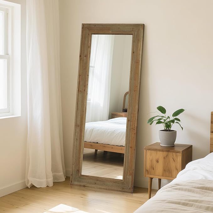 WallBeyond Full Length Mirror Rustic Wood Framed, 24 x 60 inch Farmhouse Wall Mounted Mirror Full Floor Mirror Hanging or Leaning Against Wall, Natural