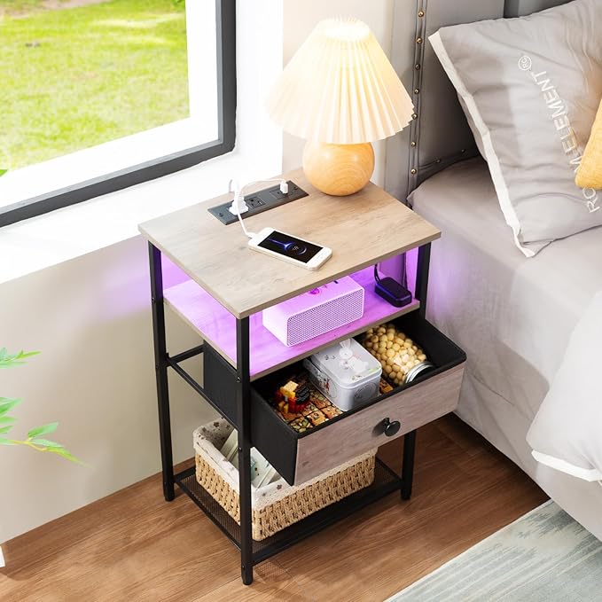 Night Stand Set 2, LED Nightstand with Charging Station, End Tables Living Room with Fabric Drawer for Small Spaces, Side Tables with Storage Shelf for Bedroom, Grey, HETS01PGY