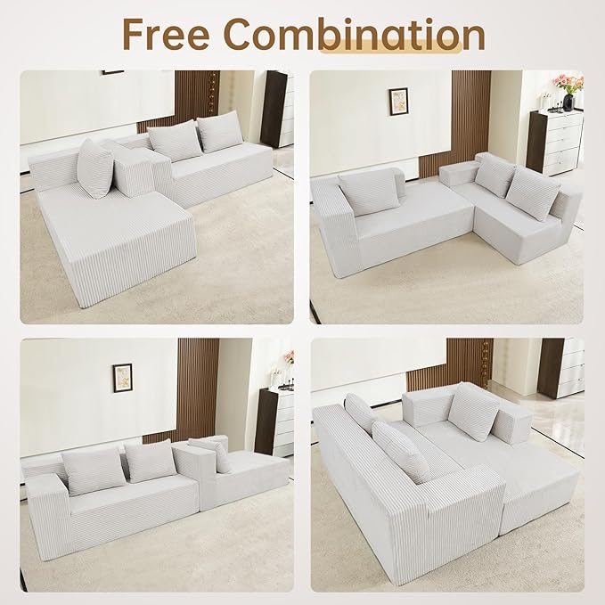 ANONER 103" Cloud Sectional Couch with Deep Seat, Modern Modular Boneless Couch L-Shape Upholstered Sofa with Chaise, Free Combination Corduroy Couches for Living Room, Beige