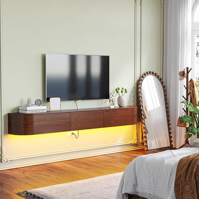 Fully Assembled Floating TV Stand with Drawers, 94IN Vintage Wall Mounted Entertainment Center, Minimalist Large Storage Console Under TV, Solid Wood Media Shelf for Living Room, Bedroom