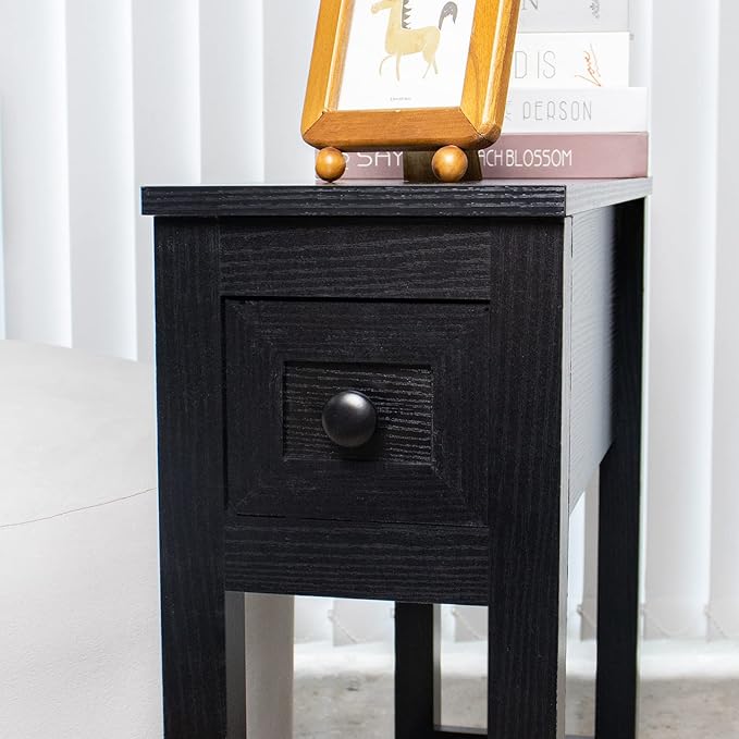 Narrow End Table, Black Side Table with Drawer, Slim Bed Side Table for Small Space/Night Stand Set of 1, Side Table for Couch