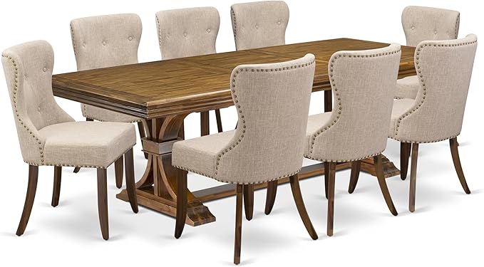 NESI9-AWA-04-9-Piece Dining Table Set Consists of a Modern Kitchen Table and 8 Light Tan Linen Fabric Dining Chairs with Button Tufted Back - Antique Walnut Finish
