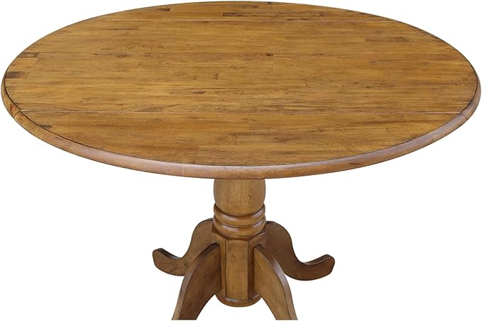 42" Round Dual Drop Leaf Pedestal Dining Table Solid Wood, Easy Assembly, Sturdy Parawood, Kitchen/Dining Room, 29.5"H x 42"W x 42"D, 20mm Thickness Top, Includes Two 9" Drop Leaves
