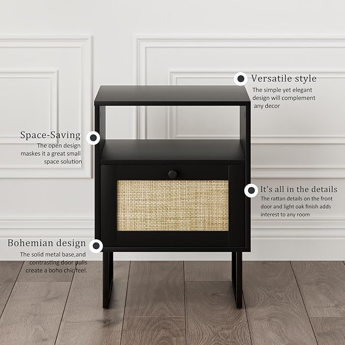 Masupu Rattan Nightstand,Boho Night Stand Modern Farmhouse Wood Bedside Table with Storage Drawer and Open Shelf,Side End Table for Bedroom,Living Room,Office Black