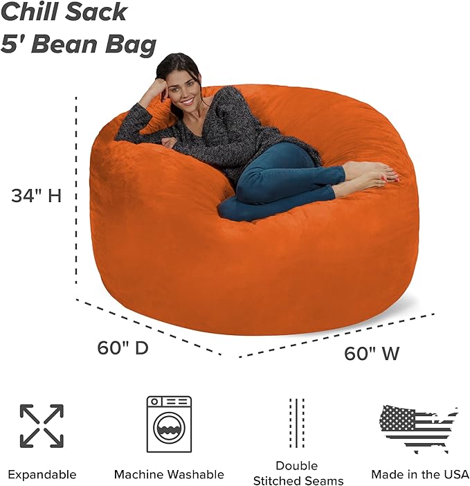 Chill Sack Bean Bag Chair - 5' Giant Memory Foam Lounge Chair with Soft Microfiber Cover – Cozy Furniture for Living Room, Dorm, & Kids' Rooms – Comfortable 5 Ft, Microsuede Lounge Sofa, Orange