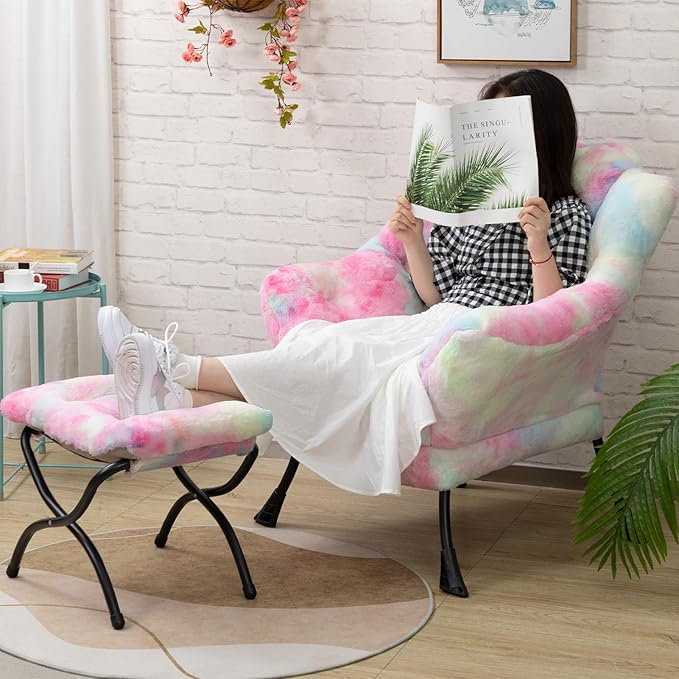 HollyHOME Faux-Fur Lazy Chair with Foldable Ottoman, Accent Comfy Lounge Arm Chair and Folding Footrest Stool Set, Leisure Sofa Reading Chair and Footstool for Living Room, Bedroom, Dorm, Colorful