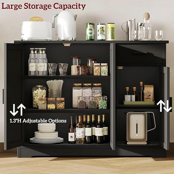 Irontar Kitchen Storage Cabinet, Sideboard Buffet Cabinet with Rattan Doors, Farmhouse Console Table with Drawer, Coffee Bar, Accent Table for Kitchen, Living Room, Hallway, Black and Natural CWG010BM