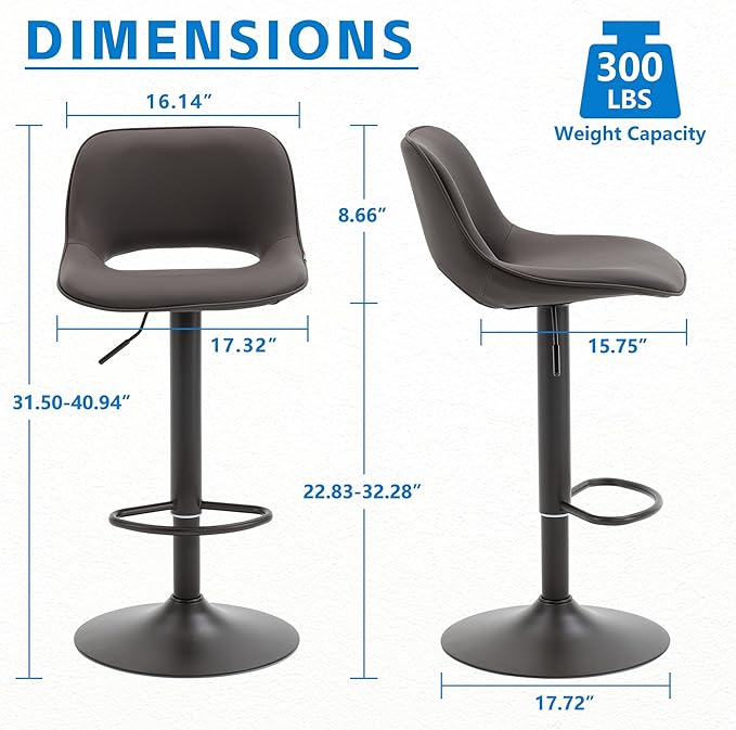 YOUNIKE Bar Stools Set of 2 Modern Swivel Barstools, Adjustable Counter Height Bar Stools Faux Leather Upholstered Counter Stools with Hollow Back for Kitchen Island, Brown