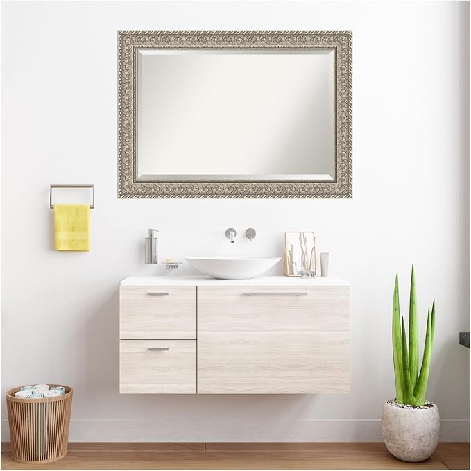 Amanti Art Silver Bathroom Mirror for Over Sink, 31x43 Sydney Silver Rectangle Vanity Mirror, Large Traditional Frame, Hangs Horizonally and Vertically, Bathroom Wall Decor, Beveled Edge