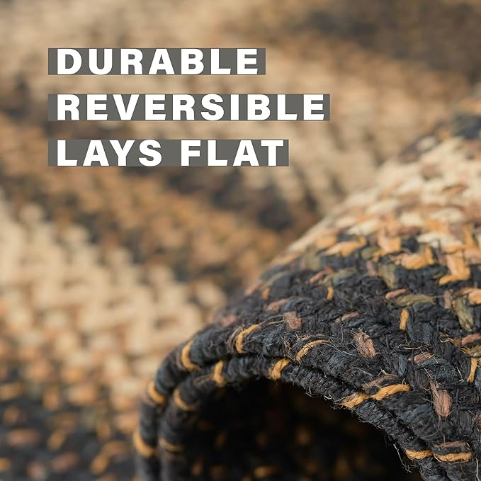 Homespice Kilimanjaro Jute Black 8x10' Braided Oval Area Rugs for Living Room, Bedroom Rug and Dining Room. Pet Friendly. Decor Styles- Farmhouse Rugs, Rustic, Vintage, Primitive, Country, Boho Rug