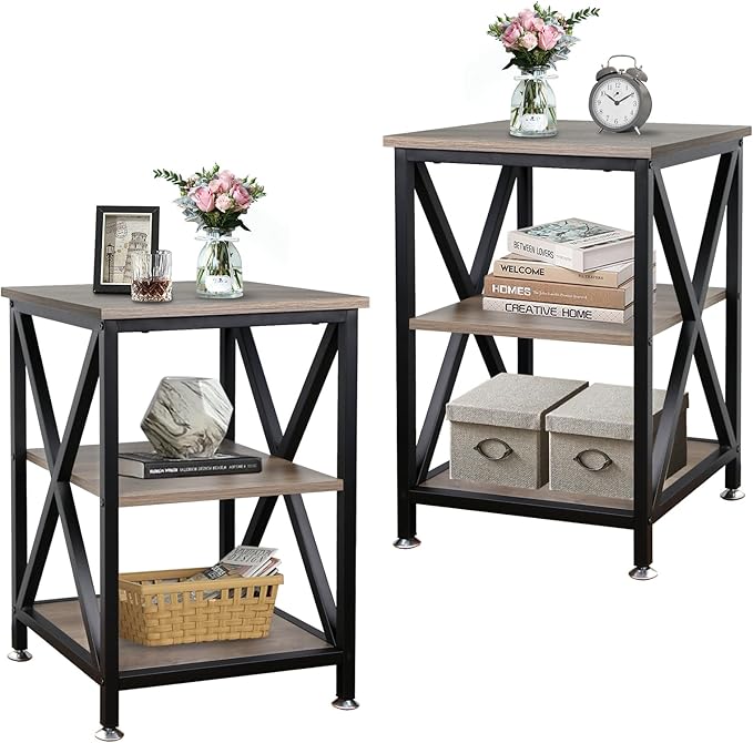 End Tables Living Room Set of 2, 16" D x 16" W x 24" H, Indoor Side Tables Living Room with Storage Shelf, Square End Table Set of 2, X-Shaped Night Stands for Bedroom, Farmhouse Wood End Tables, Grey
