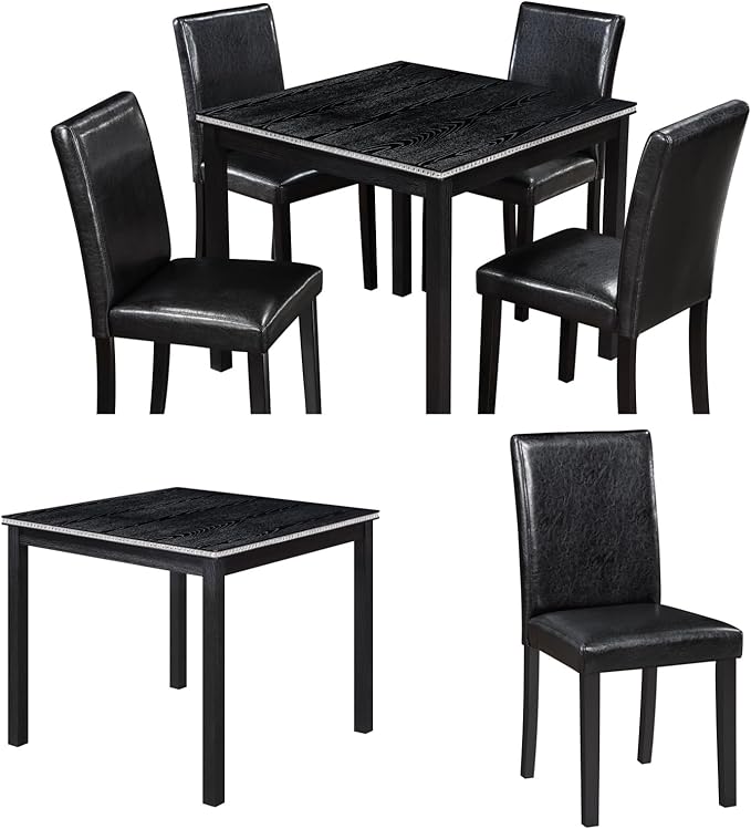 Dining Table Sets, 5-Piece Kitchen Table & Chair Sets with Square Crystal Decoration Table & 4 PU Upholstered Chairs,Wooden Dining Table Set for Dining Room,Black
