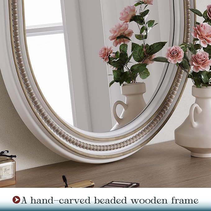 Boho Oval Mirror, 24" x 48" White Beaded Tall Farmhouse Mirrors Antique Oval Bathroom, Wooden Rustic Decorative Mirror for Wall, Bedroom, Dining Room, Hallway