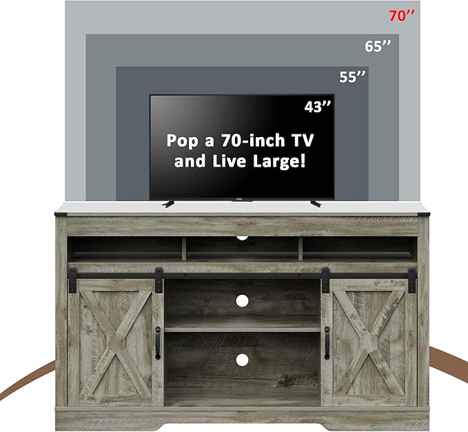 RoyalCraft Farmhouse TV Stand with Sliding Barn Door for TVs up to 65+ Inch, 34" Tall Entertainment Center, Wood Media Console Storage Cabinet for Bedroom, Living Room, Light Grey