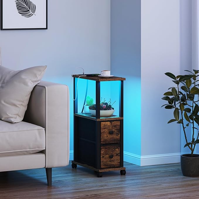 TUTOTAK Small Narrow End Tables, LED Side Tables with 2 Fabric Drawers, Set of 2, Bedside Tables with Charging Station for Small Spaces, Slim Nightstands with USB Ports and Wheels, TB01BB053CL