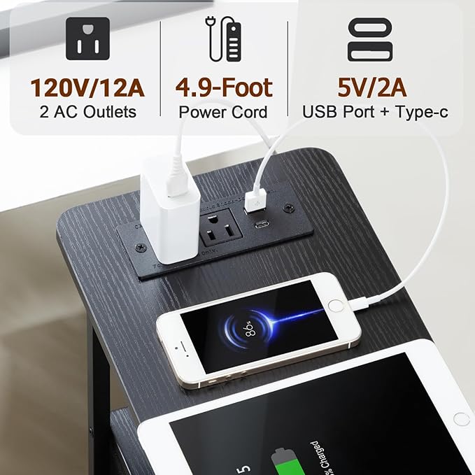 Narrow End Table Living Room with Charging Station, Skinny Side Table with Fabric Drawers, Slim LED Nightstand for Bedroom, Small Spaces, Couch, Black, HETNDP02LBK-1