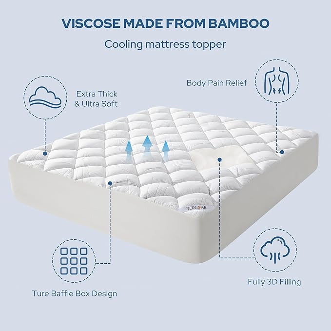 BEDLORE Queen Mattress Topper, Viscose Made from Bamboo Soft Pillow Top Mattress Pad, Thick Mattress Cover for Back Pain Relief with 6-18 inches Deep Pocket