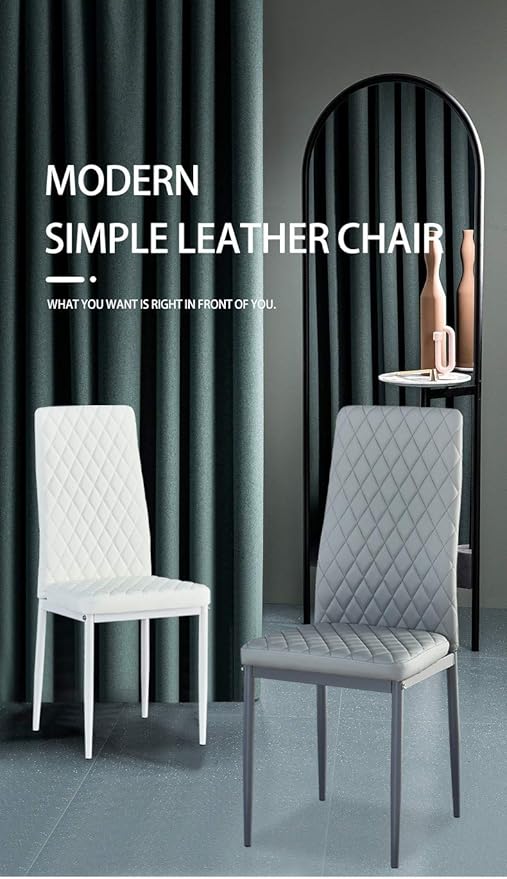 JT Modern Minimalist Dining Chair Fireproof Leather Sprayed Metal Pipe Diamond Grid Pattern Restaurant Home Conference Chair Set of 4 Or 6 (6, Light Gray)