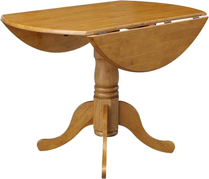 IC International Concepts, 42" Round Dual Drop Leaf Pedestal Dining Table, Solid Real Wood, Sturdy Parawood, Dimensions 42"D x 42"W x 29.5"H, 20mm thickness, 40lbs Weight Capacity, Oak