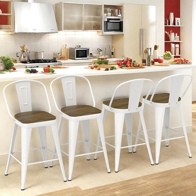 Metal Bar Stools Set of 4, High Back Bar Stools with Wooden Seat, 30 inch White Barstools for Kitchen Island