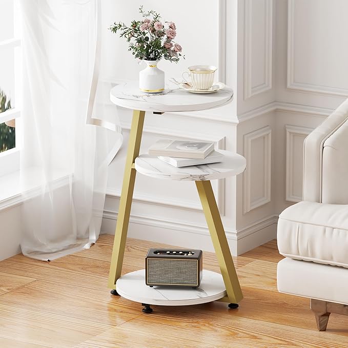 BEWISHOME Round End Table Marble Side Table with Metal Frame, Small Nightstand with 3-Tier Shelves, Night Stand for Living Room Bedroom Tall Gold White Stand KTZ41J