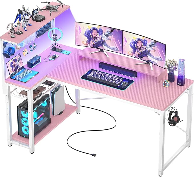 Homieasy Small Gaming Desk with Power Outlets Pegboard LED Light, 51 Inch L Shaped Computer Desk with Monitor Stand Storage Shelves, Reversible Corner Desk with Headset Hooks, Carbon Pink