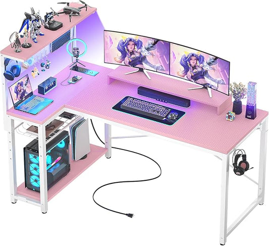 Homieasy Small Gaming Desk with Power Outlets Pegboard LED Light, 51 Inch L Shaped Computer Desk with Monitor Stand Storage Shelves, Reversible Corner Desk with Headset Hooks, Carbon Pink