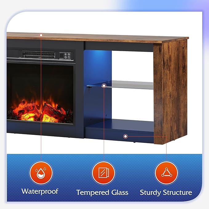 WLIVE 58 Inches Fireplace TV Stand with LED Lights, Modern Entertainment Center with 18'' Electric Fireplace & Adjustable Glass Shelves, Sturdy Media Console for Living Room, Bedroom,Gaming (Brown)