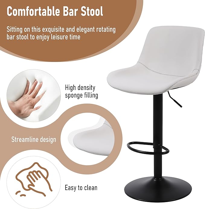 Bar Stools, Swivel Counter Height Barstools with Back, Adjustable Modern Bar Chairs, Tall Armless PU Leather Kitchen Island Stool (White, Set of 4)