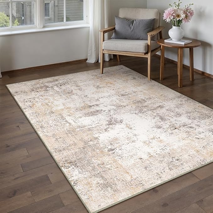 3x4 Washable Area Rug Beige Grey Neutral Abstract Entryway Kitchen Non Slip Low Pile Throw Rug Living Room Bedroom Indoor Doormat Small Soft Carpet for Entrance Bathroom