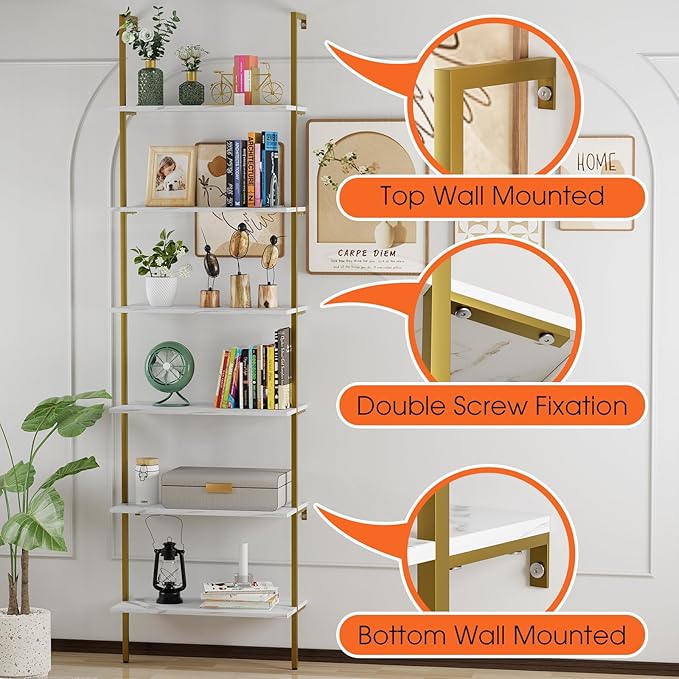 Ladder Shelf 6 Tiers Marble White Modern Bookshelf Open Tall Wall Mount Bookcase Standing Leaning Wall Shelves Industrial Decorative Living Room Bed Room