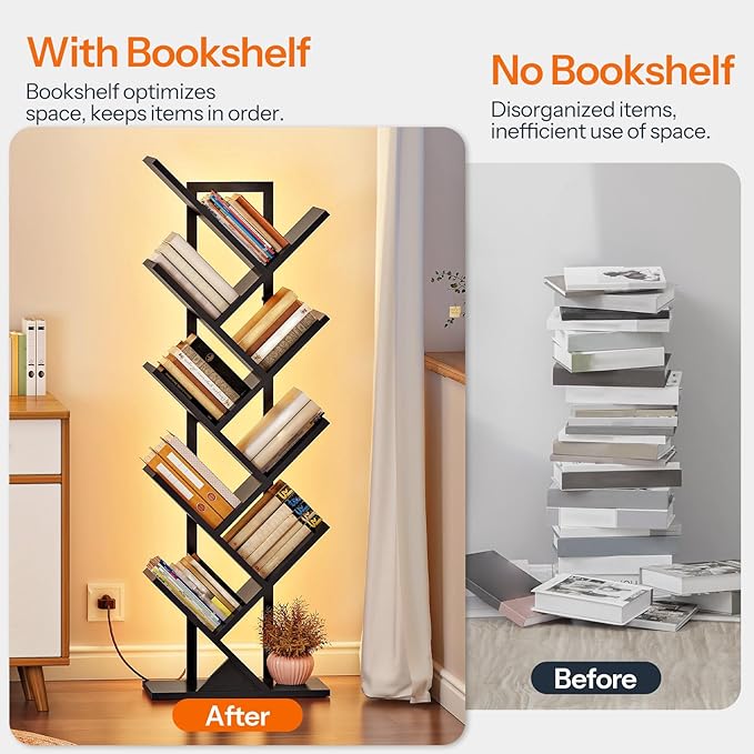 HOOBRO Tree Bookshelf, 9-Tier Tree Bookshelf with Lights, Space-Saving Book Shelf, Holds Books, CDs, Floor Standing Bookcase for Office, Living Room, Bedroom, Black BB08DSJ01