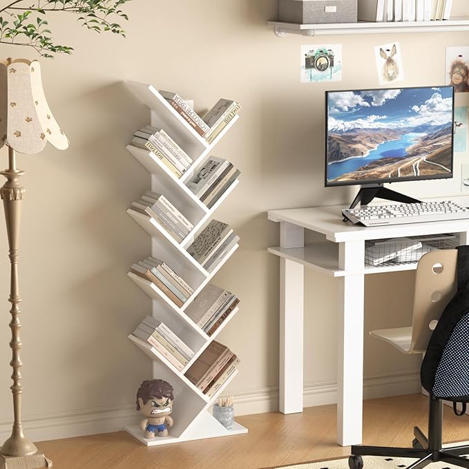 10 Tier Tree Book Shelf, Floor Standing Wood Bookshelf for Narrow Space, Storage Organizer Bookshelves for Books/CDs/Magazine, Bookcase with Shelves for Home Office, Living Room - White