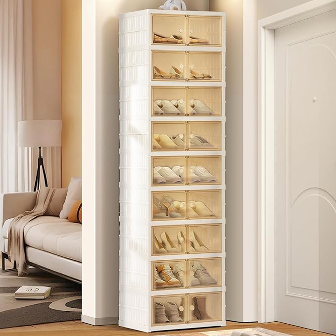 Foldable Shoe Organizer Storage Box, Portable Extra Large Folding Shoe Rack for Closet, Shoe Storage Box with Magnetic Transparent Door and Wheels, 9 Layers 18 Grids.