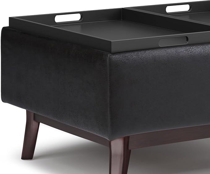 SIMPLIHOME Owen 34 inch Wide Mid Century Modern Rectangle Tray Top Small Coffee Table Storage Ottoman in Distressed Black Vegan Faux Leather, Assembled, for the Living Room, Entryway and Family Room