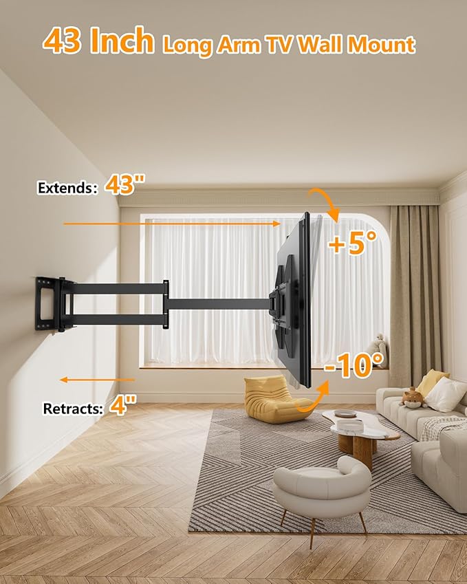 FORGING MOUNT Long Extension TV Mount Full Motion Wall Bracket with 42 inch Long Arm Articulating TV Wall Mount for 37 to 80 Inch Flat/Curve TVs, VESA 600x400mm Compatible, Holds up to 110 lbs