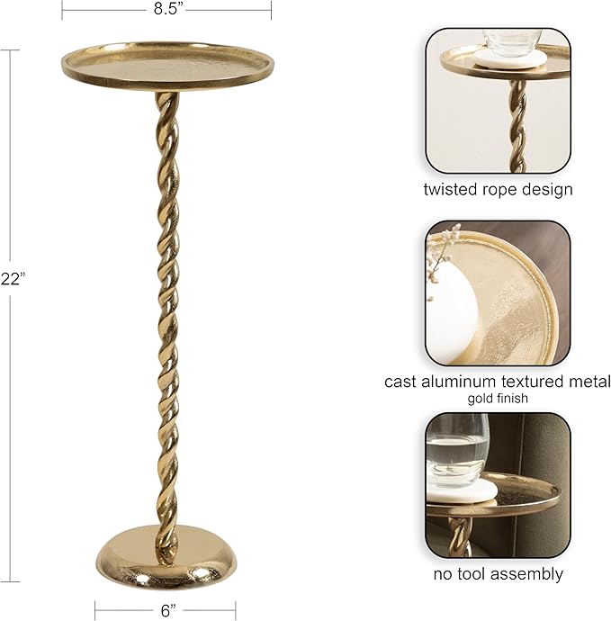 Kate and Laurel Ropa Transitional Round Pedestal Drink Table, 9 x 9 x 22, Gold, Decorative Cast Aluminum Mini Table with Spiral Rope Design for Use as Indoor Plant Stand or Living Room Accent