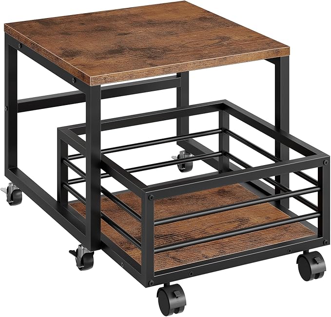 HOOBRO Mini Fridge Stand with Movable Storage Basket, Mini Fridge Cabinet with Wheels and Adjustable Feet, Sturdy Metal Frame, for Home, Apartment,Office, Dorm, Rustic Brown and Black BF155TL01