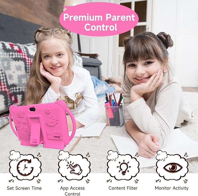 Kids Tablet 7 inch Android 12.0 for Toddler, 4GB RAM 32GB ROM Bluetooth IPS Screen Parental Control Dual Camera Shockproof Case for Educational Games, (1PCS, Rose Red)