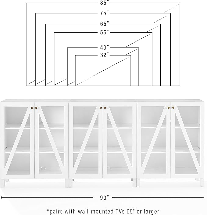Crosley Furniture Cassai 3-Piece Entertainment Center TV Stand, Media Console, Vinyl Record Storage, White