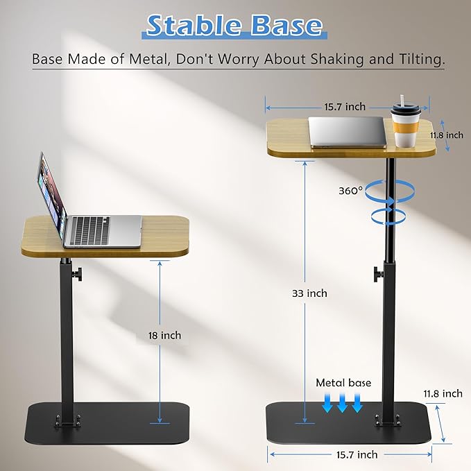 Side Table Sofa Tray for Couch Heavy Metal Base Swivel/Adjustable Height, Sofa Bed Bathroom Study TV Tray C Shaped End Table Food Snack Trays for Eating