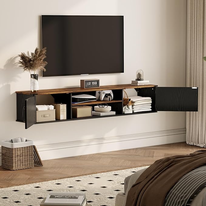 Floating TV Stand with Doors, 63'' Farmhouse Floating TV Shelf for TVs up to 80 Inch, 2 Tier Wall Mounted TV Stand, Floating Entertainment Center, TV Floating Cabinet for Living Room, Bedroom, Black