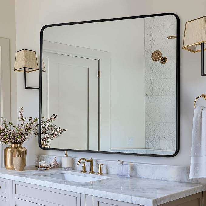 Bathroom Mirror, 40" x 30" Wall Mirror, Rectangular Aluminum Alloy Frame Contemporary Hanging Mirror for Living Room Bathroom Entryway, Black Rounded Corner