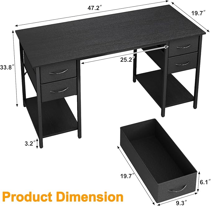 Computer Desk with 4 Drawers, 47 Inch Office Desk with Storage, Gaming Desk with CPU Shelves, Writing Desk Work Desk for Home Office, Study, Bedroom, Work from Home, Black
