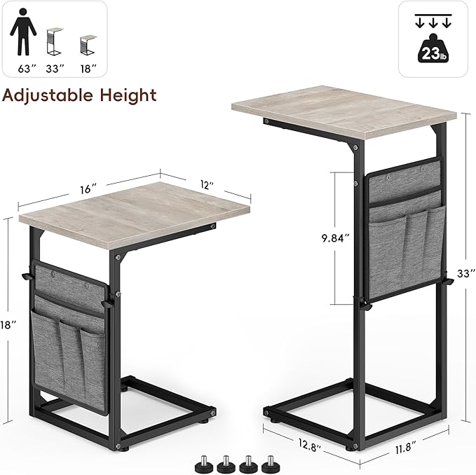 Vagusicc C Shaped End Table, 33" Tall Side Table for Couch, Adjustable Height Small Couch Side Table, Laptop Sofa Tables Slide Under Recliner Tables TV Tray Arm Tables for Living Room, Bedroom, Grey