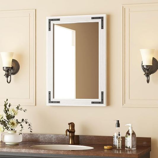 VocalStar White Wood Framed Mirror 18 x 26 Inch, Rustic Natural White Wooden Rectangle Bathroom Vanity Wall Mirror for Farmhouse Boho Decor, 1/4-inch Shatterproof Glass | Waterproof