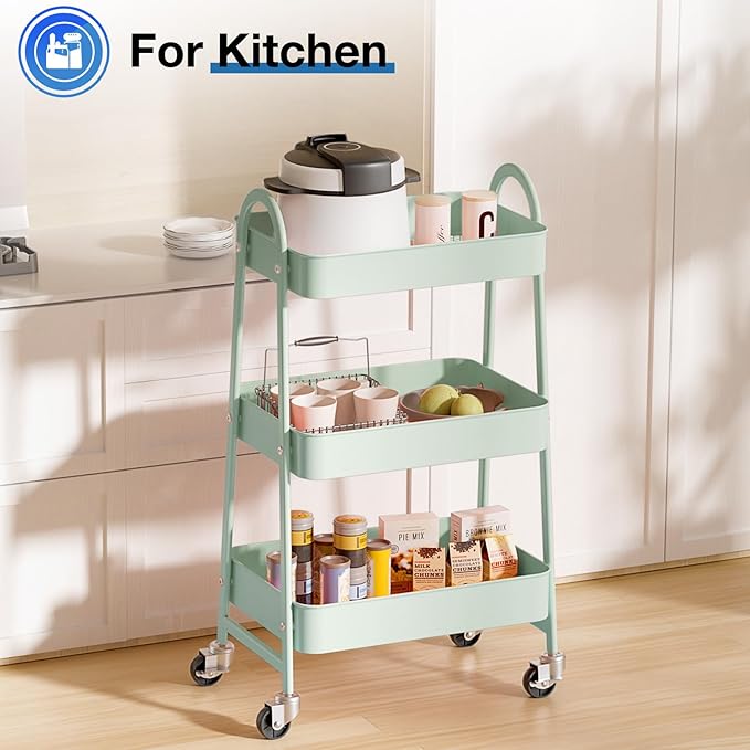 OLIXIS 3 Tier Utility Rolling Cart with Lockable Caster Wheels, Metal Mobile Storage Shelf, Organization for Livingroom, Bathroom, Kitchen, & Narrow Places, Light Green