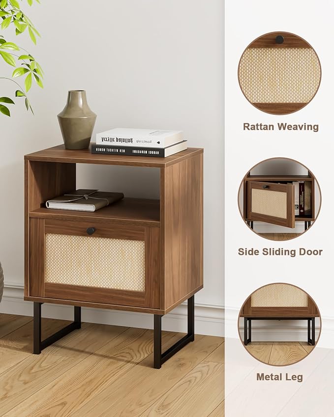 Rattan Nightstand, Boho Night Stand Farmhouse Wood Bedside Table with Storage and Open Shelf, End Side Accent Table for Bedroom,Living Room,Walnut